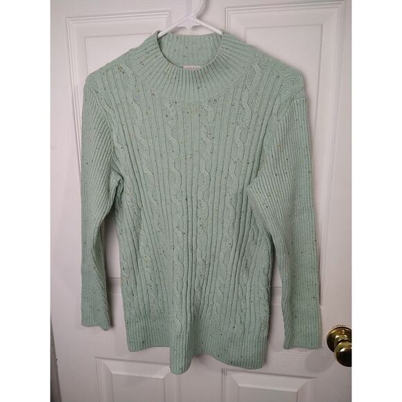 Talbots Woman S Cable Knit Sweater Sage Multicolor Dots Mock Neck Pullover... - Picture 1 of 10